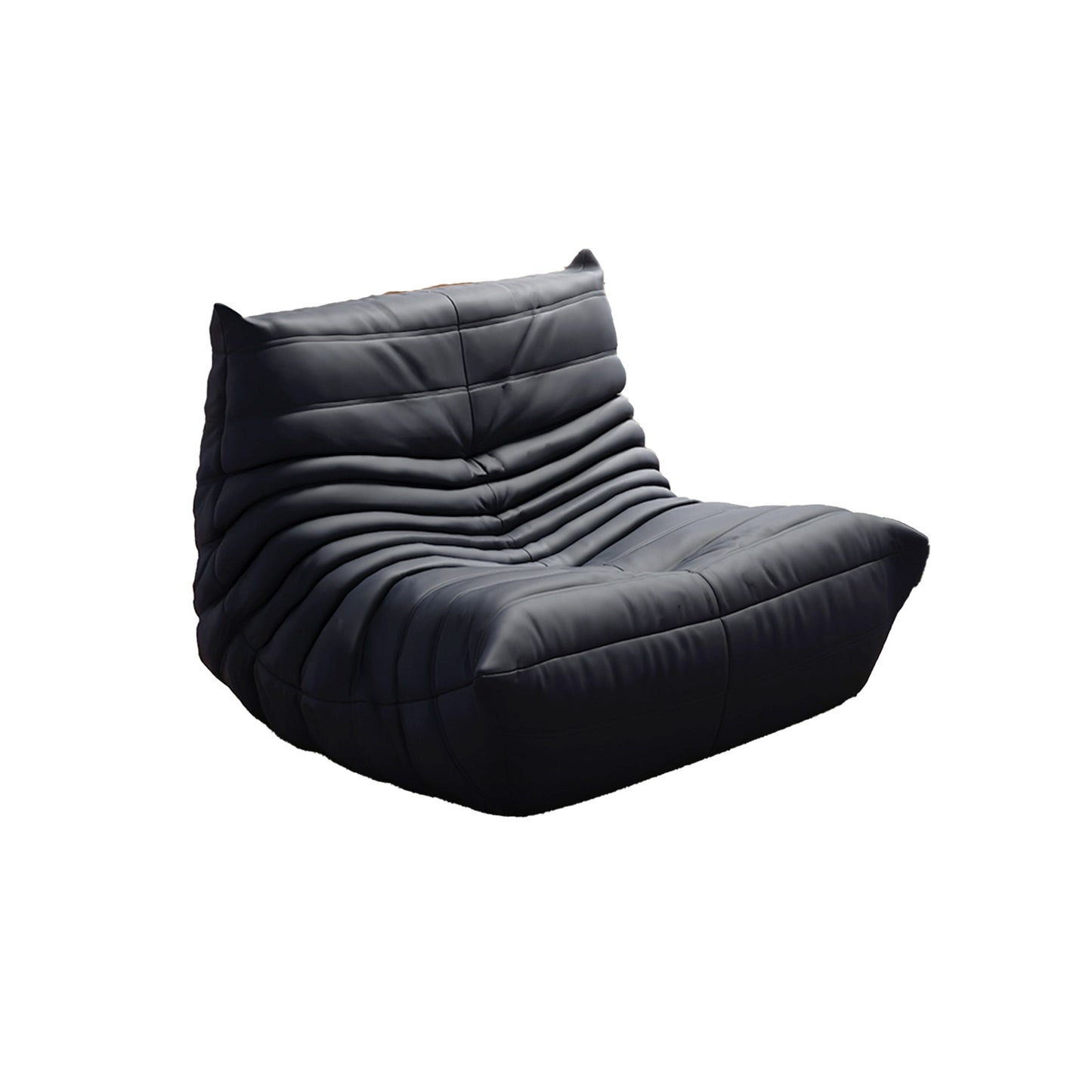 Black Togo couch replica with leather cushioning and soft ruched fabric in a low, modern silhouette.